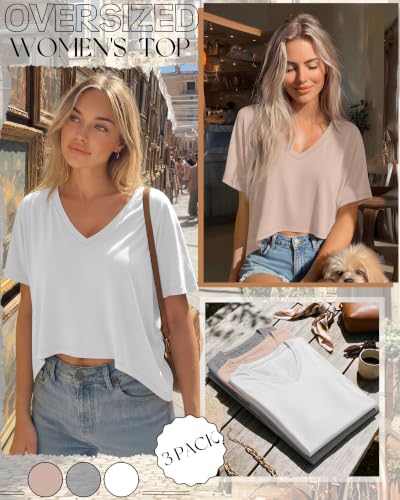 Huukeay 3 Pack Women's Oversized V Neck T Shirts - color: Apricot, Light Heather Gray, White, size: XX-Large