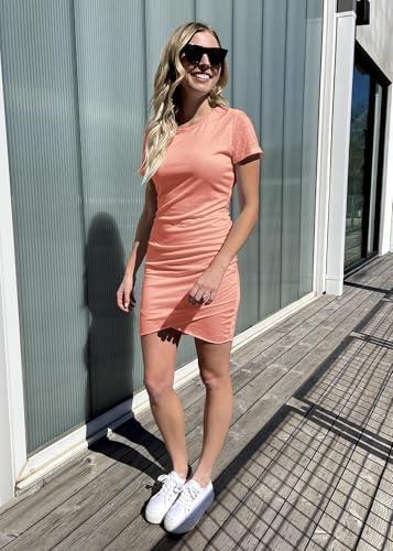 BTFBM Women Ruched Short Sleeve Bodycon Tshirt Dress - color: Dark Pink, size: X-Large