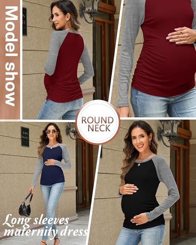 Neer 3 Pack Maternity Long Sleeve Shirts Ribbed Pregnancy Tops - color: Black, Wine Red, Navy Blue, size: Medium
