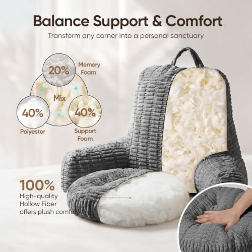 21"H Large Reading Pillow, Backrest Pillow with Floor Cushion Pillow - color: Gray, size: Large(21inch)+Cushion