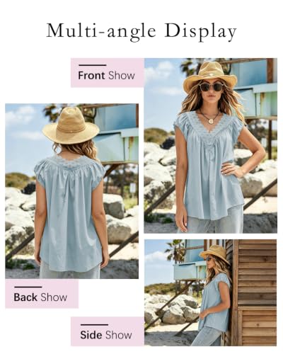 Senllen Womens V Neck Babydoll Tops Puff Short Sleeve Flowy Tunic Shirts - color: Pastel Blue, size: Medium