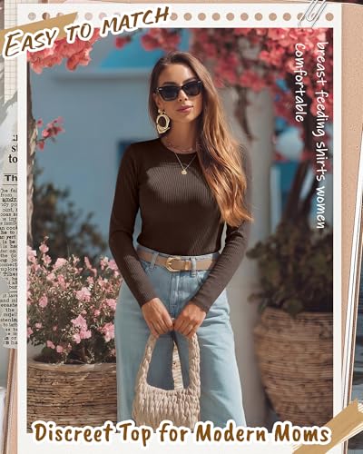 3 Pack Womens Long Sleeve Nursing Shirts, Ribbed Knit - color: Brown, White, Black, size: XX-Large