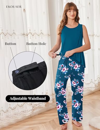 Ekouaer Maternity Pajamas Nursing Robe Set 3 Pieces Post Partum Lounge Sets - color: Lake Blue, size: Small