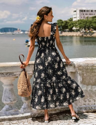 Women Summer Casual Midi Dress Square Neck Button Down Smocked Ruffle Strap Flowy Split Beach Sundress Pockets - color: Black Floral, size: Small