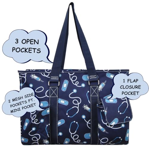 NGIL Work Tote Bag with Exterior Pockets - color: Blue Nurse Print-navy