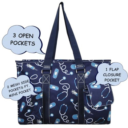 NGIL Work Tote Bag with Exterior Pockets - color: Blue Nurse Print-navy