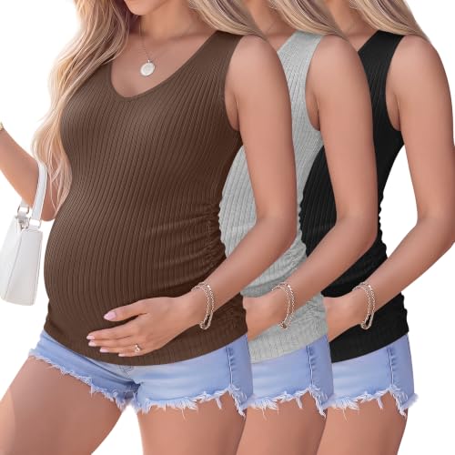 Ficerd 3 Pack Maternity Sleeveless Tank Tops - color: Brown, Light Gray, Black, size: X-Large