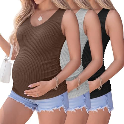 Ficerd 3 Pack Maternity Sleeveless Tank Tops - color: Brown, Light Gray, Black, size: Medium