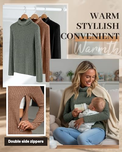 3 Pack Womens Turtleneck Nursing Tops Ribbed Sweaters - color: Army Green, Coffee, Black, size: Small