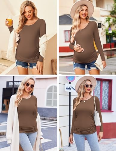 Ekouaer 3/4 Pack Womens Maternity Shirts Long Sleeve Pregnancy Tops - color: 3pcs Black / Brown / White, size: Small