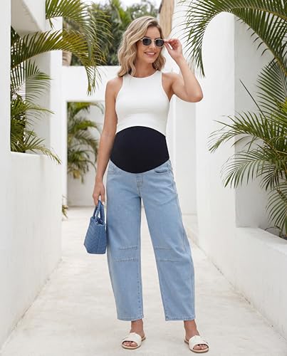 Maternity Barrel Jeans Wide Leg Denim Pants - color: Light Blue, size: XX-Large