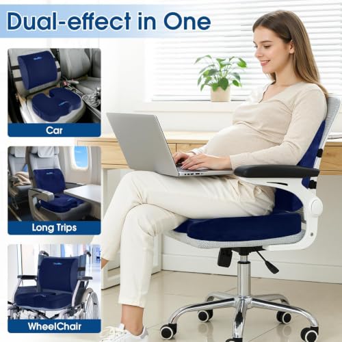 CloudBliss Ergonomic Seat Cushion & Lumbar Support Pillow Set, Blue, XL - color: Blue, size: X-Large