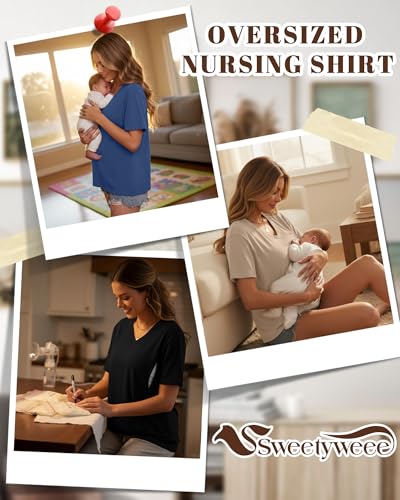 3 Pack Women's Oversize Nursing Shirts - color: Haze Blue, Khaki, Black, size: X-Large