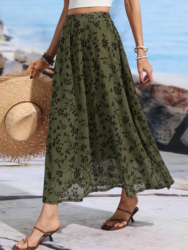 ELLEVEN Women’s Boho Floral Mesh Maxi Skirt - color: Army Green, size: Small