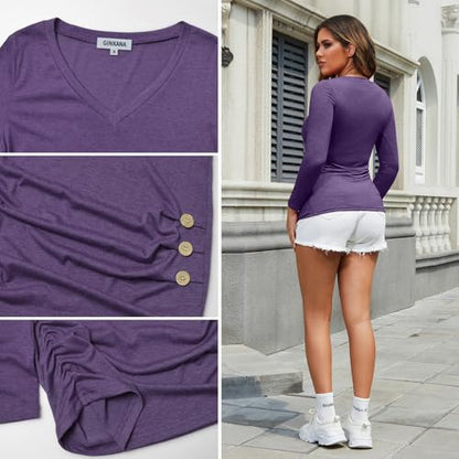 GINKANA Maternity Shirt Long Sleeve Basic Top Ruch Sides Buttons Tshirt for Pregnant - color: Purple, size: Large