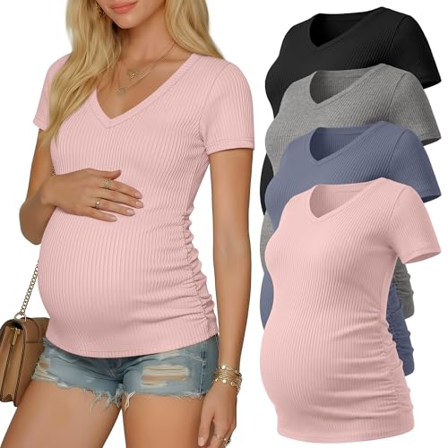 Neer 4 Pack Women's Maternity Shirts Short Sleeve - color: Black, Light Heather Gray, Light Blue, Light Pink, size: Large