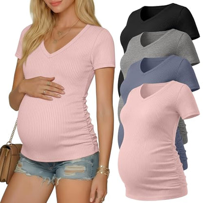 Neer 4 Pack Women's Maternity Shirts Short Sleeve - color: Black, Light Heather Gray, Light Blue, Light Pink, size: X-Large