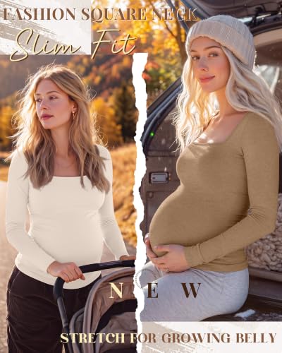 4 Pcs Womens Maternity Long Sleeve Square Neck Shirts - color: Beige, Camel, Coffee, Black, size: Medium