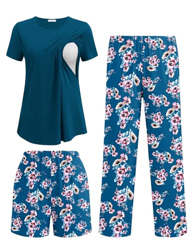 Ekouaer 3 Piece Maternity Nursing Pajamas Set Short Sleeve Breastfeeding Pjs - color: Blue Green-flower, size: Small