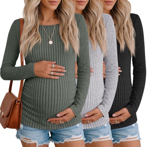 3 Pack Maternity Sweaters Long Sleeve Pregnancy Tops - color: Army Green, Light Gray, Black, size: Large