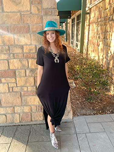 GRECERELLE Women's Summer Maxi Dress Casual Loose V Neck Short Sleeve Side Split Long Dresses with Functional Pockets - color: Black, size: Small