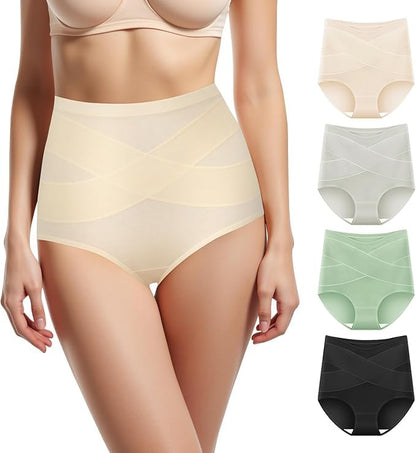 Women's High Waisted Underwear Slightly Tummy Control Cotton Panties Full Coverage Postpartum Briefs 4 Pack - color: Multicolor-green&gray&black&rose Beige, size: Medium