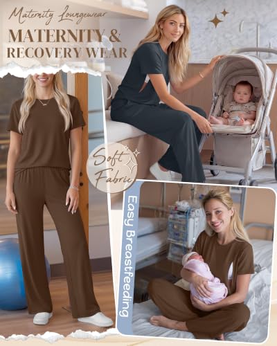Ficerd 2 Pack Maternity Nursing Pajama Breastfeeding Sets Pjs - color: Dark Blue, Brown, size: Large