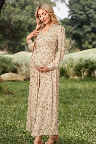 OUGES Women's Wrap Pregnancy Maxi V Neck Fall Baby Shower Maternity Dress - color: Apricot Floral, size: Small