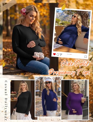 3 Pack Women Maternity Shirts Long Sleeve Pregnancy Tops with Thumb Hole - color: Black/Deep Purple/Navy Blue, size: Small