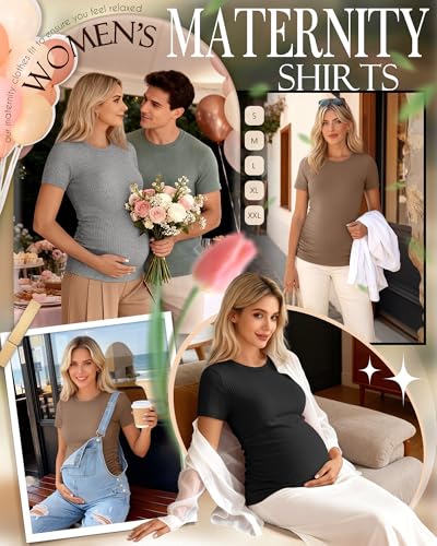 Ficerd 3 Pack Women's Short Sleeve Maternity Shirts - color: Black, Light Heather Gray, Light Coffee, size: Small
