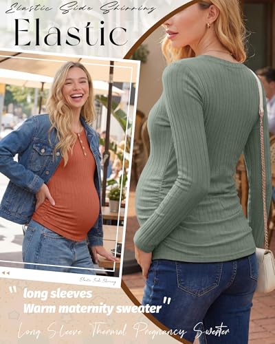 Oakgarden 3 Pack Womens Maternity Sweaters Henley Pregnancy Tops - color: Dark Gray, Bean Green, Caramel, size: Large