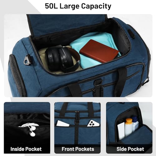 MIER Packable Travel Duffle Bag with Shoe Compartment, 50L, Dark Blue - color: Dark Blue, size: 50L