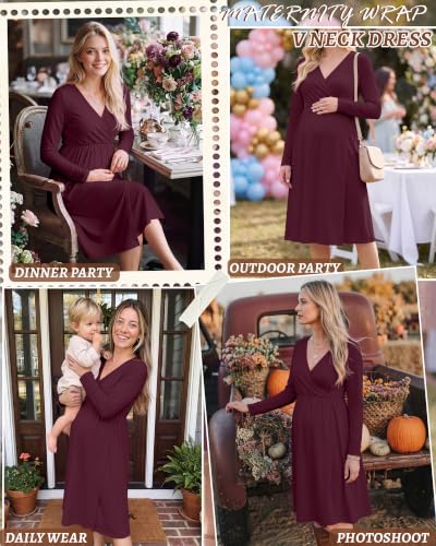 Locoowai Maternity Wrap Long Sleeve Dress V Neck Fall Dress - color: Burgundy, size: Medium