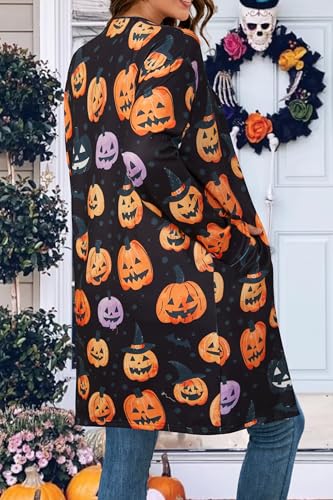 OUGES Women's Open Front Cardigan Shirt with Pockets Long Sleeve Lightweight Coat - color: Black-halloween Jack-o'-pumpkin, size: Medium