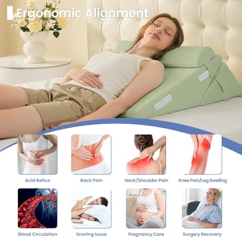 Sasttie Adjustable Wedge Pillow Set for After Surgery, Sage - color: Sage, size: Adjustable 9&12 Inch + 1 Head Pillow
