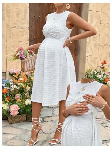 OYOANGLE Women's Maternity Dress Sleeveless Nursing Dresses Breastfeeding - color: White, size: Small