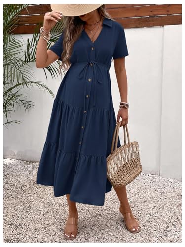 OYOANGLE Women's Maternity Button Belted Dress - color: Dark Blue, size: XX-Large