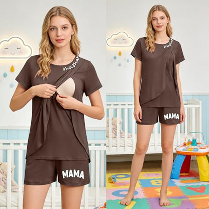 Maternity Nursing 2 Piece Pajama Set Double Layer Breastfeeding Sleepwear - color: A-brown, size: X-Large