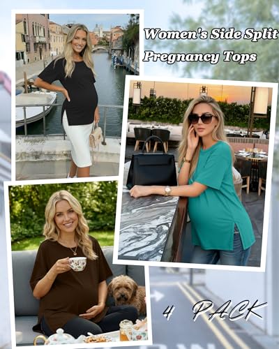 Riyiper 4 Pack Women's Short Sleeve Maternity T Shirts - color: Black, Dark Coffee, Light Purple, Blue Green, size: X-Large