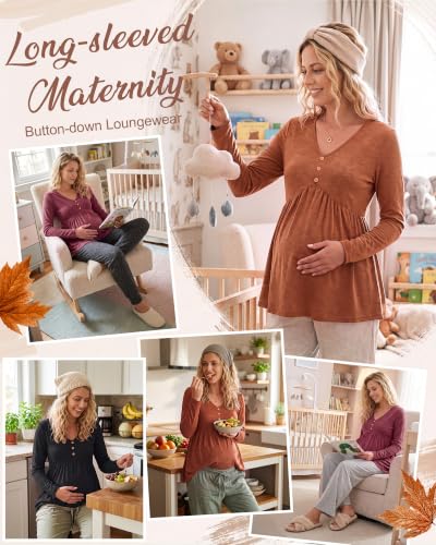 Cutecrop 3 Pack Maternity Long Sleeve V Neck Shirt - color: Black, Wine Red, Caramel, size: X-Large