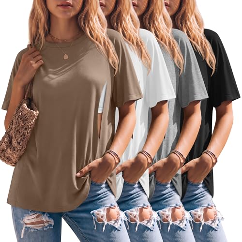 4 Pack Women's Nursing Shirts - color: Light Brown, White, Light Gray, Black, size: Large