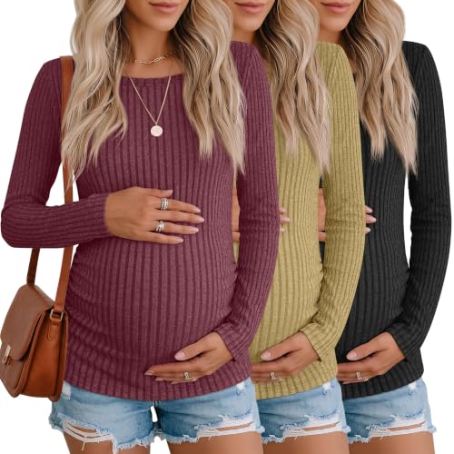 3 Pack Maternity Sweaters Long Sleeve Pregnancy Tops - color: Dark Red, Ginger, Black, size: Small