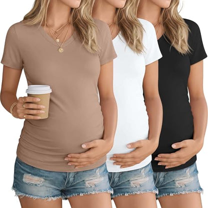 Ficerd 3 Pack Women's Maternity Shirts V Neck Coton Blend Pregnancy Tops Short Sleeve Side Ruched Summer Mama Clothes - color: Black, White, Khaki, size: Large