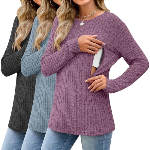 3 Pack Maternity Nursing Ribbed Long Sleeve Tops - color: Black, Blue, Fuchsia, size: Small