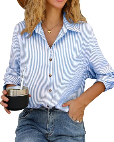 CHYRII Women's Striped Button Down Long Sleeve Blouse - color: Indigo Blue-7174, size: Small