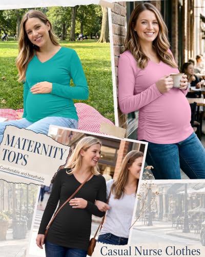 3 Pack Women Maternity Shirts Scrub Tops Side Ruched - color: Black, Lake Green, Light Pink, size: Medium