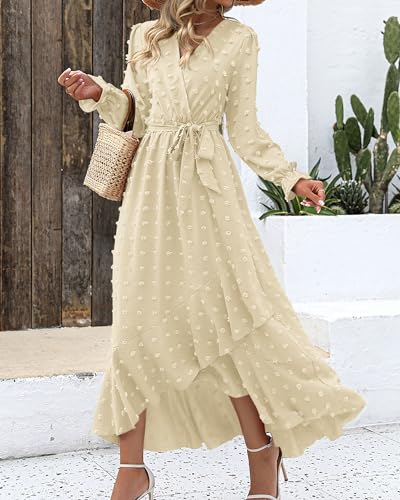 BTFBM Long Sleeve Maxi Dresses for Women Summer - color: Beige, size: Medium