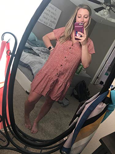 Imysty Womens Summer Polka Dot V Neck Button Down Loose Mini Dress - color: Red Bean, size: Large