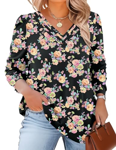TFSDOD Plus Size Tops for Women Long Sleeve V Neck Shirts Dressy Casual Blouse Loose Fit Basic Tee Tshirt(1X-5X) - color: Bf, size: 3X-Large Plus