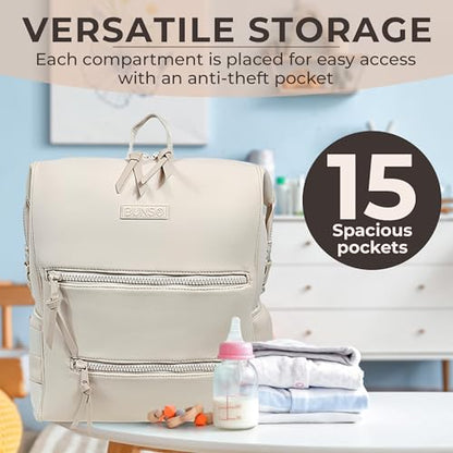 BUNSO Baby Neoprene Minimalist Backpack Diaper Bag with Pouch, Changing Pad, and Stroller Straps, Water Resistant and Lightweight, Cream - color: Cream